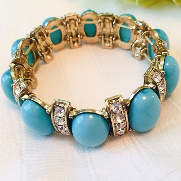 Gold Turquoise Rhinestone Stretch Bracelet - Picture 5 of 7
